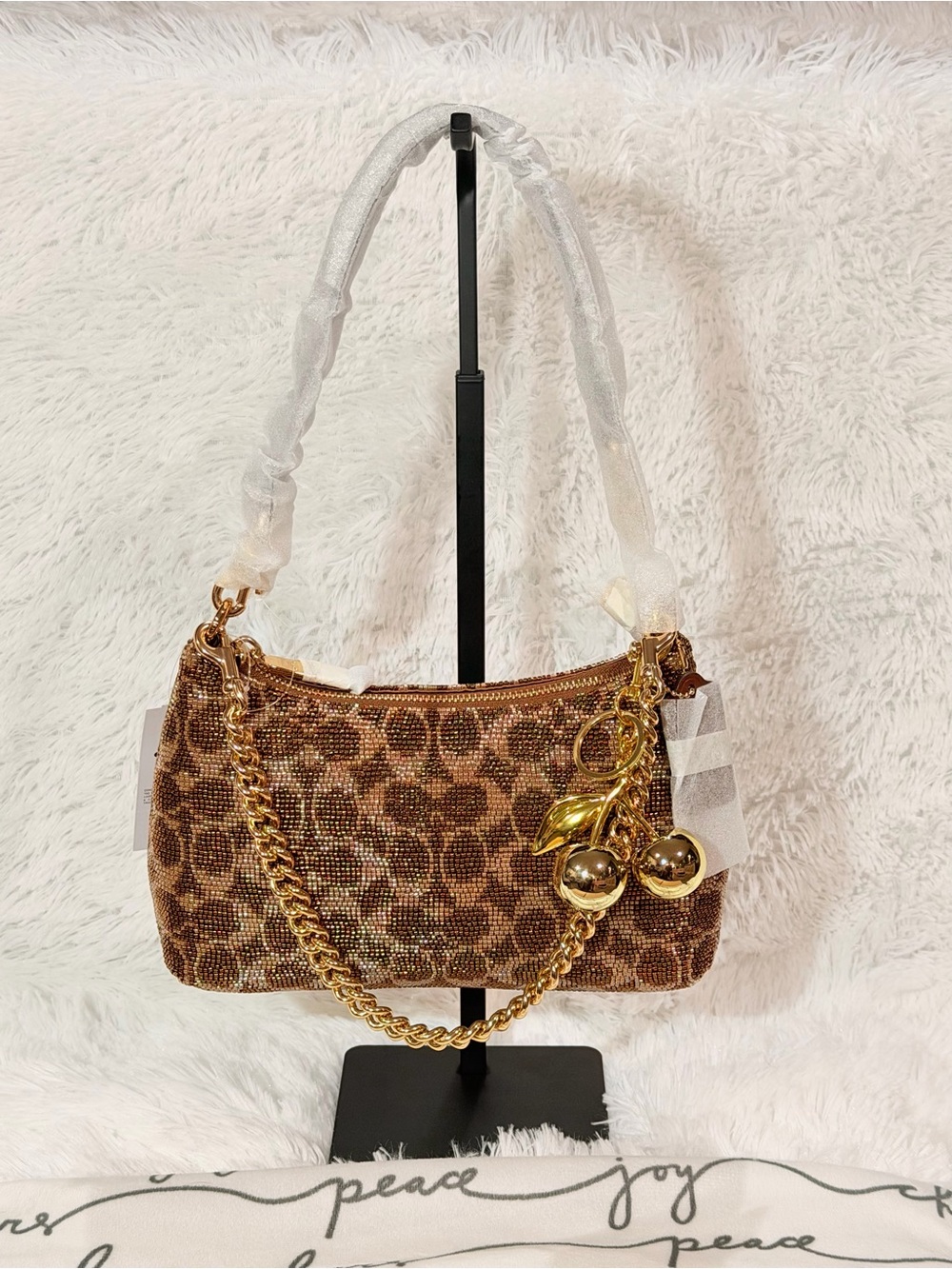 Coach Teri Shoulder Bag In Signature Beaded Satin brown / gold NWT